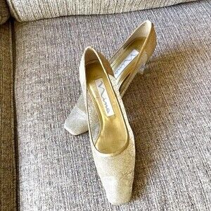 VINTAGE Nina Womens Lucite Heel Gold Net Uppers Size 7.5M Classic Shoes